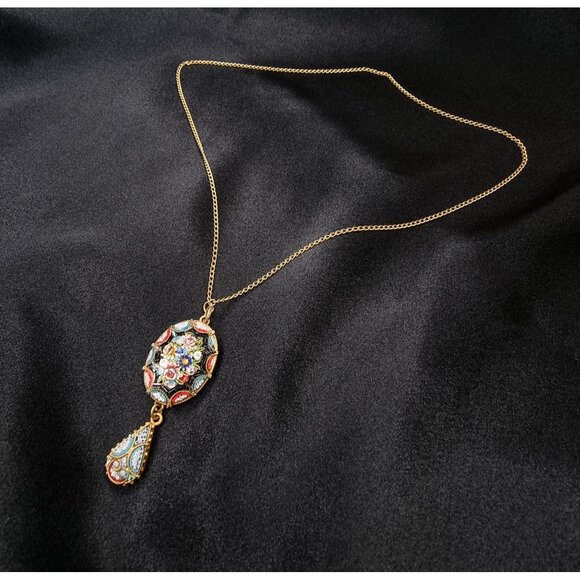 Vintage ItalianSigned 1940s Gold Tone Micromosaic Pendant Necklace - Picture 2 of 6